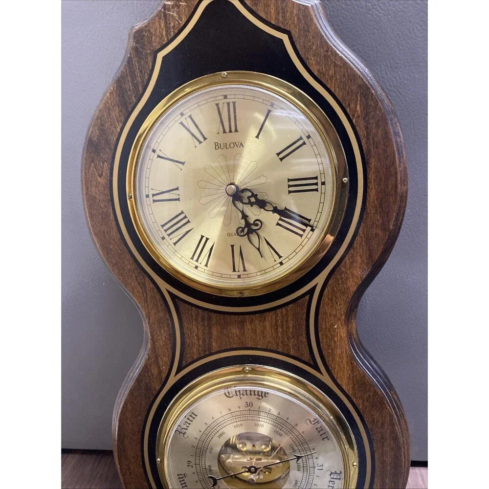 Vintage Bulova Wall Clock Barometer Weather Station Wood Gold Tone